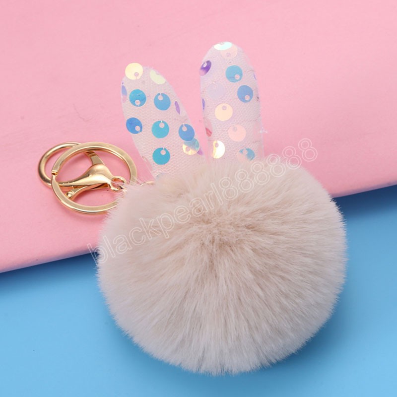 New Rabbit Ears Plush Ball Keychain Keyring Women Girl Kid Student Car Bag Pendant Hanging Ornament Party Jewelry Gift