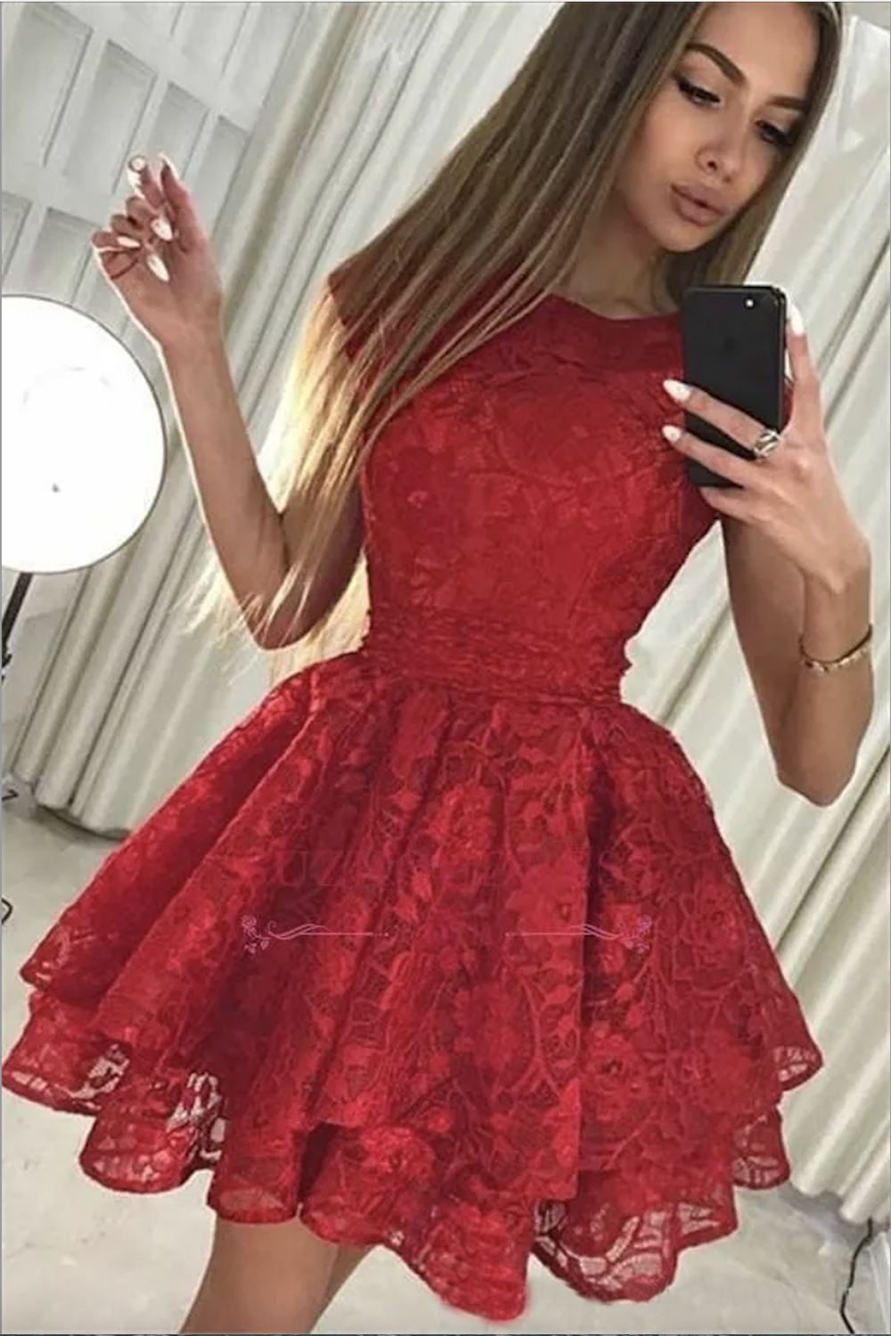 Sexy Elegant Red Lace A Line Homecoming Dresses Layered High Low Bow Sash Short Prom Party Cocktail Dresses Party Dress Robe De Mariee