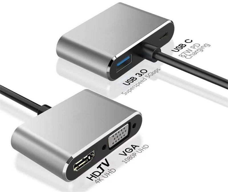 4K Typ C till HDTV VGA 1080P USB 3.0 3.1 PD -kabel Dockningsstation Adapter Converter Dock Hub 4 i 1 HD Typec för MacBook Dell Laptop