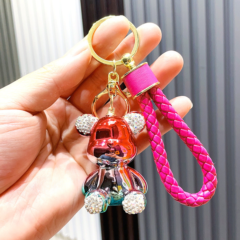 Cute Anime Keychain Charm Key Ring Fob Pendant Light Luxury Diamond-plated Sitting Violent Bear Doll Couple Students Creative Valentine's Day Gift DHL