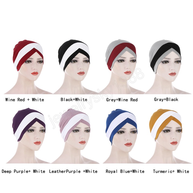 Front Croix Femmes Musulmanes Turban Stretch Intérieur Hijabs pour Chemo Caps Prêt À Porter Foulard Sous Bonnet Chapeau Arabe Chapeaux