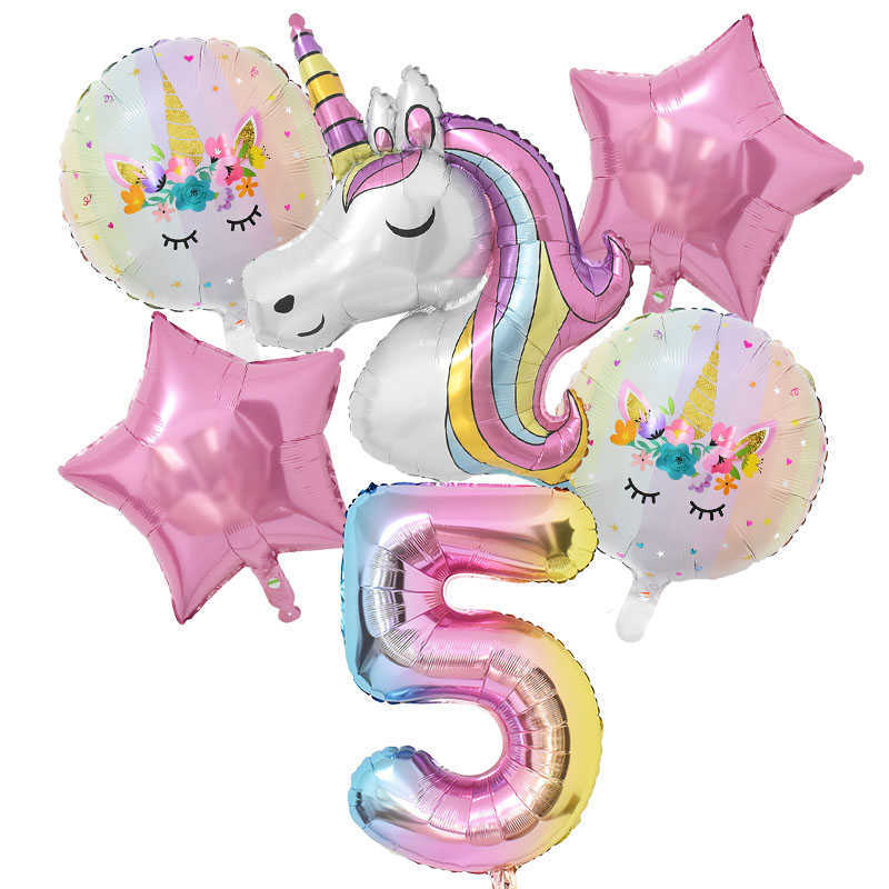 Rainbow Unicorn Balloon 32 tums nummerfolie Ballonger 1: a barnen Unicorn Theme Birthday Party Decorations Baby Shower Globos HKD230808