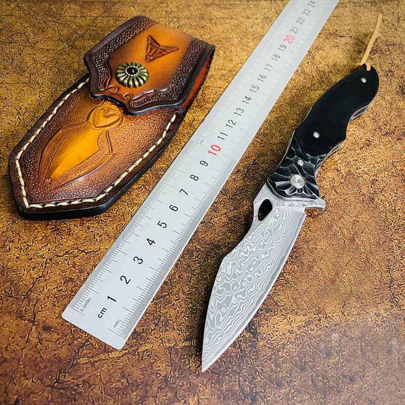S7207 av toppkvalitet S7207 FLIPPER Kniv Damascus Stål Blade Ebony Handle Boll Bearing Fast Open Mapp Knives With Leather Mantel
