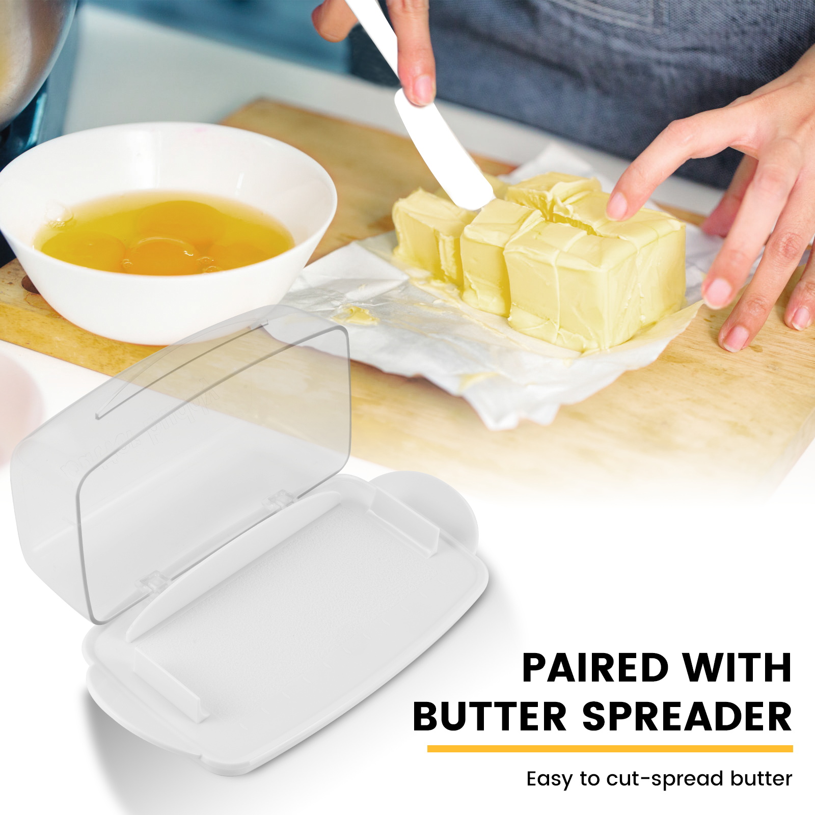 Butter Dish with Countertop Lid, Durable Plastic Butter Container with Spreader Knife, Cute Handle and Flip Lid Design for Easy Access, Non-Slip Bottom white