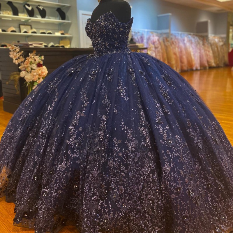 Navy Blue Shiny Off the Shoulder Ball Gown Quinceanera Dresses For 15 Years Old Party Applique Lace Cinderella 16 Princess Gowns