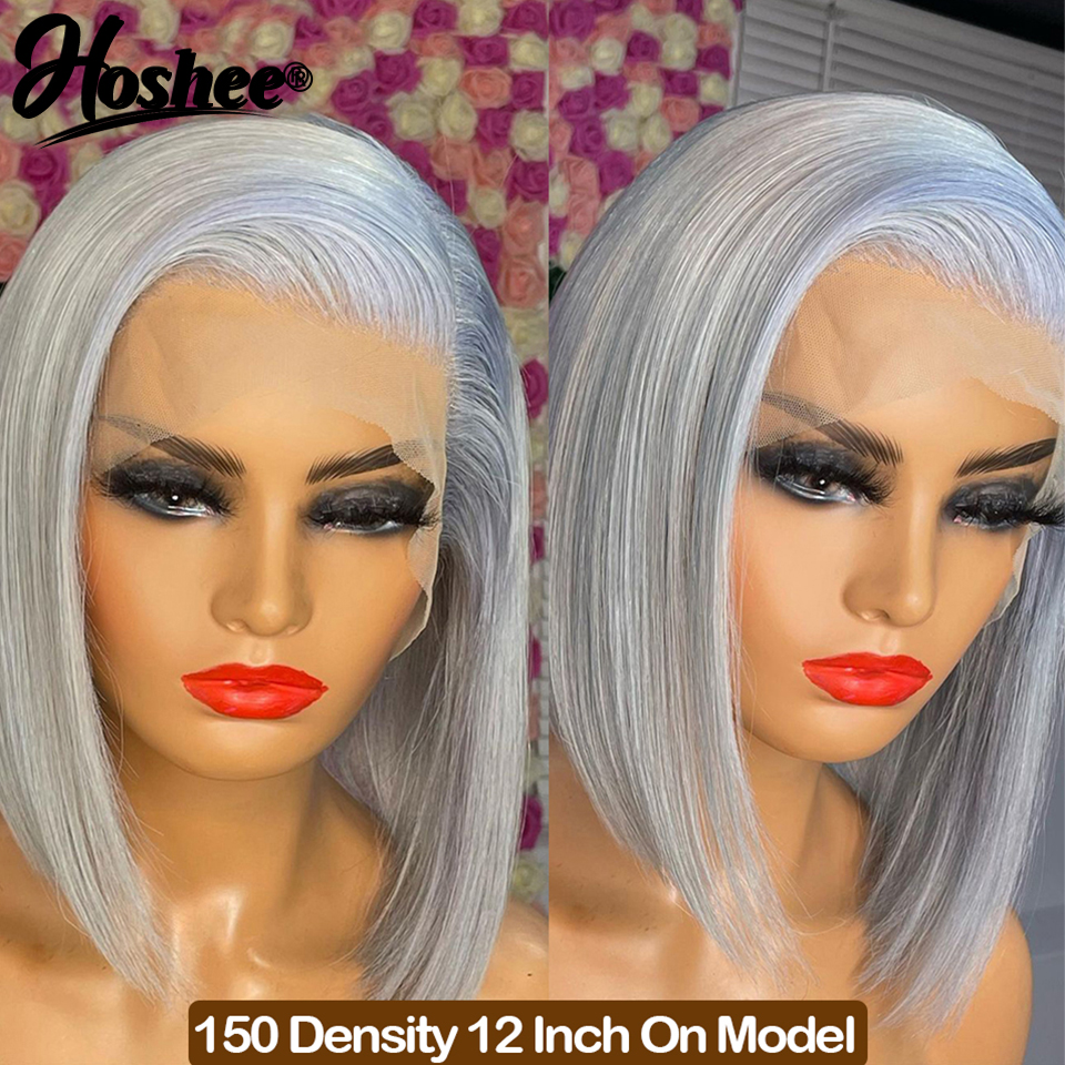 13x4 Silver Grey Short Bob Human Hair Wigs For Women Brazilian HD Transparent Straight Glueless Synthetic Lace Frontal Wig