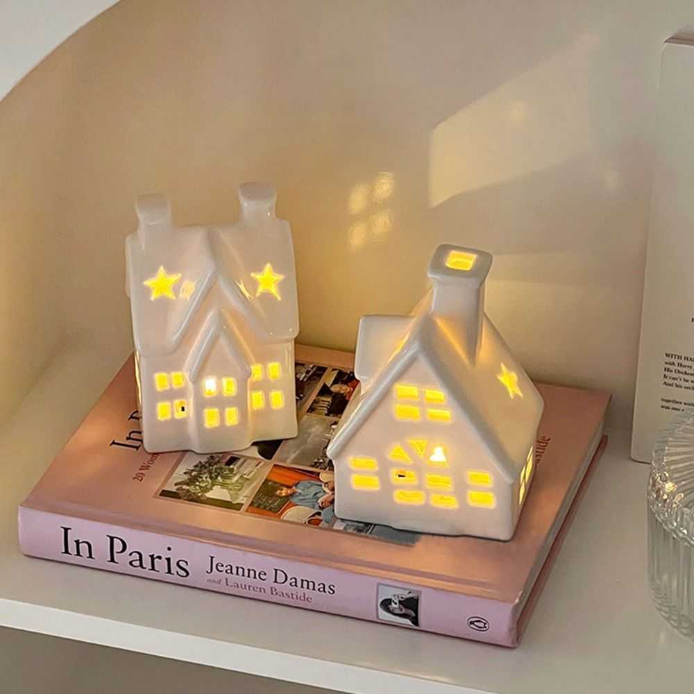 Creative White Ceramic Christmas Light Up Cone House Home Decor LED Lights Xmas Ornaments Lamp New Gift Festival Decorations L230620