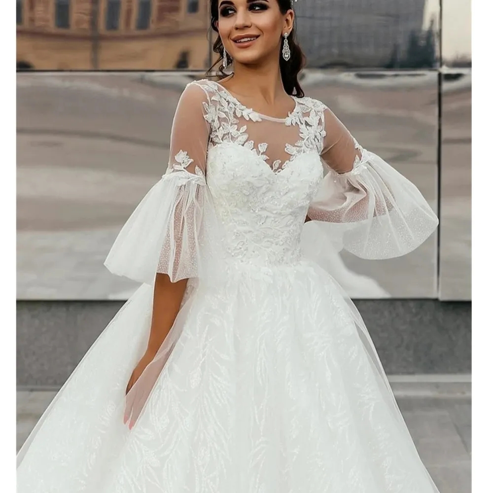 Scoop Neck A Line Wedding Dresses With Juliet Half Sleeves Lace Appliques Bridal Gowns Lace-up Back Tulle Second Recption Dress