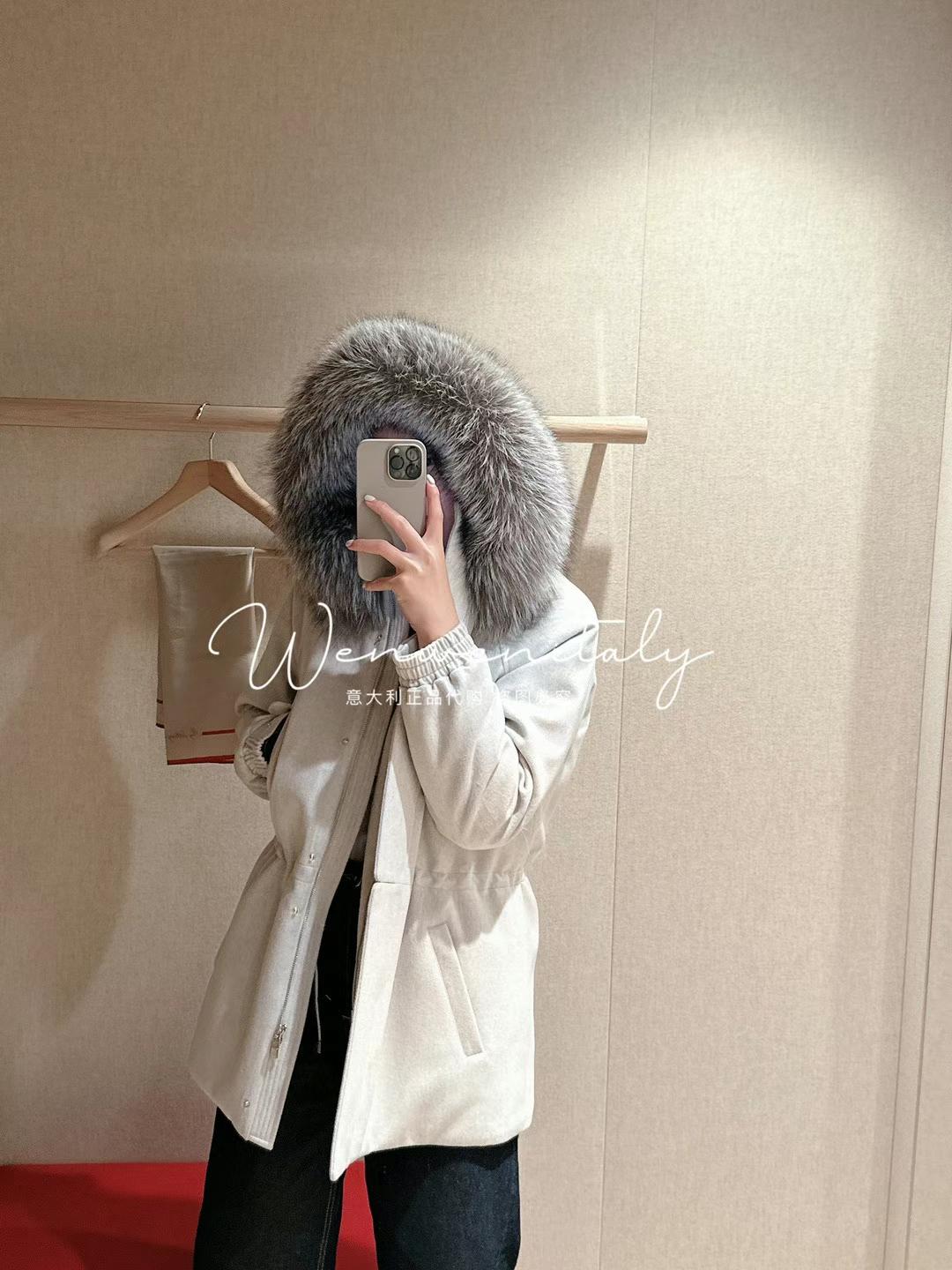 Женщины Coats осень и зима Loro Piana Grey Fox Wool Cashere Coat