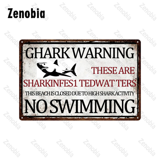 Custom Beware of Shark Metal Sign Shark Warning Caution Shark Zone Metal Poster Vintage Decorative Tin Sign Plate Plaque Aquarium Home Wall Decor 30X20CM w01