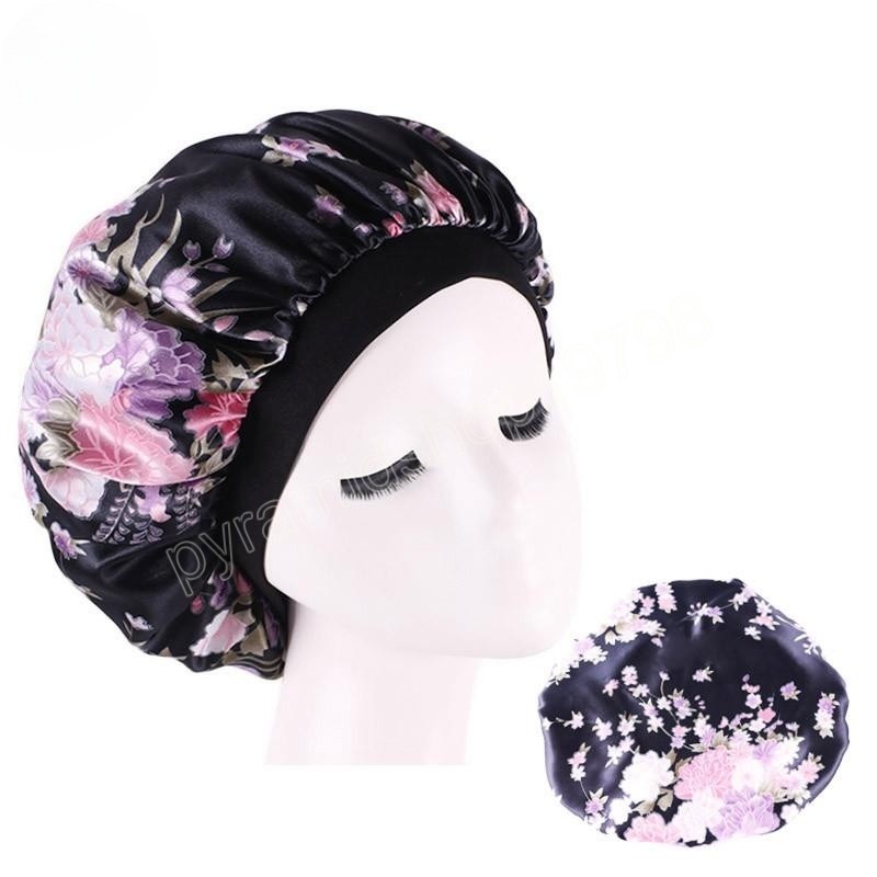 Women Satin Bonnet Printing Elastic Wide Band Night Sleep Hat Ladies Silky Hair Cover Head Wrap Chemo Cap Curly Springy Bonnet