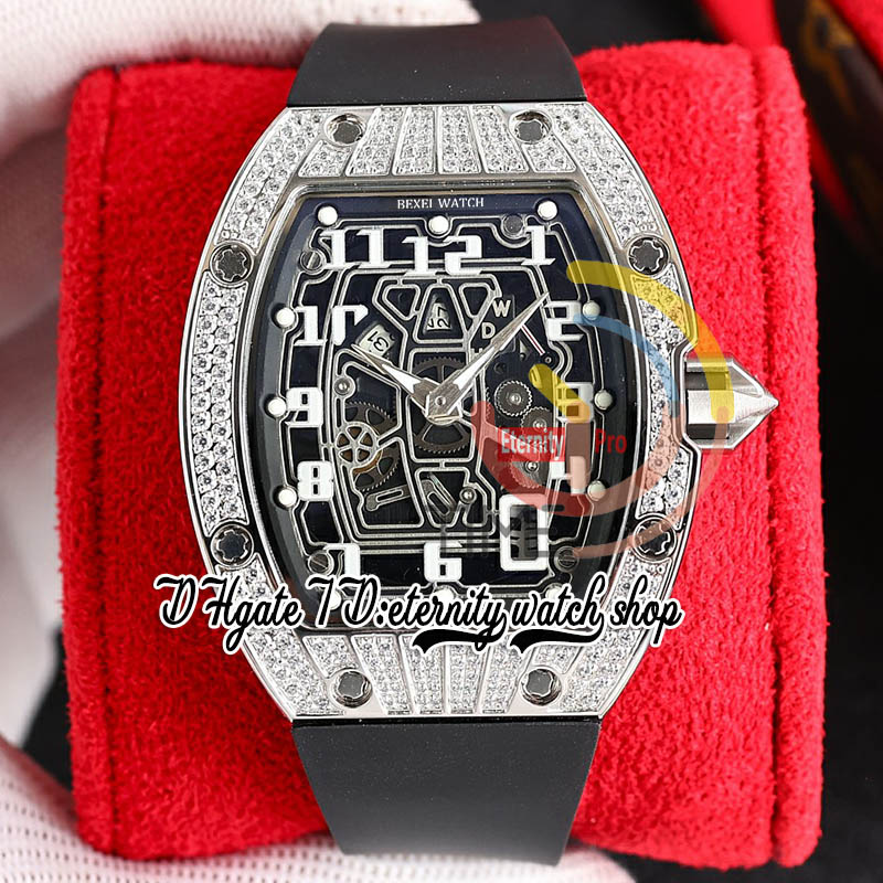 ZYF 67-01 Automatyczne mechaniczne męskie zegarek ze stali nierdzewnej Diamenty wzorzyste szkieletowe szkieletowe markery numerów rozbijanych czerwony gumowy pasek wieczny Herrenuhr renOJ zegarki