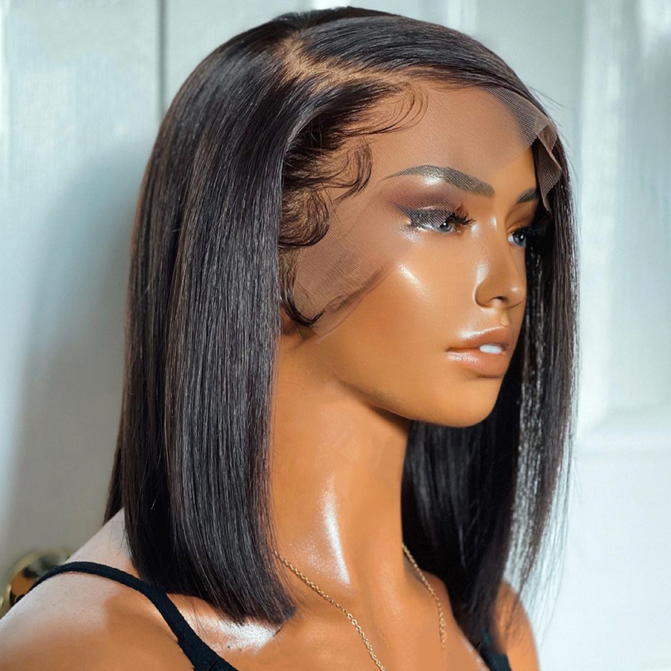 レースフロントショートボブウィッグボーンストレート250％ナチュラルブラックヒューマンヘアウィッグ黒人女性のためのプリック閉じたウィッグブラジルの髪