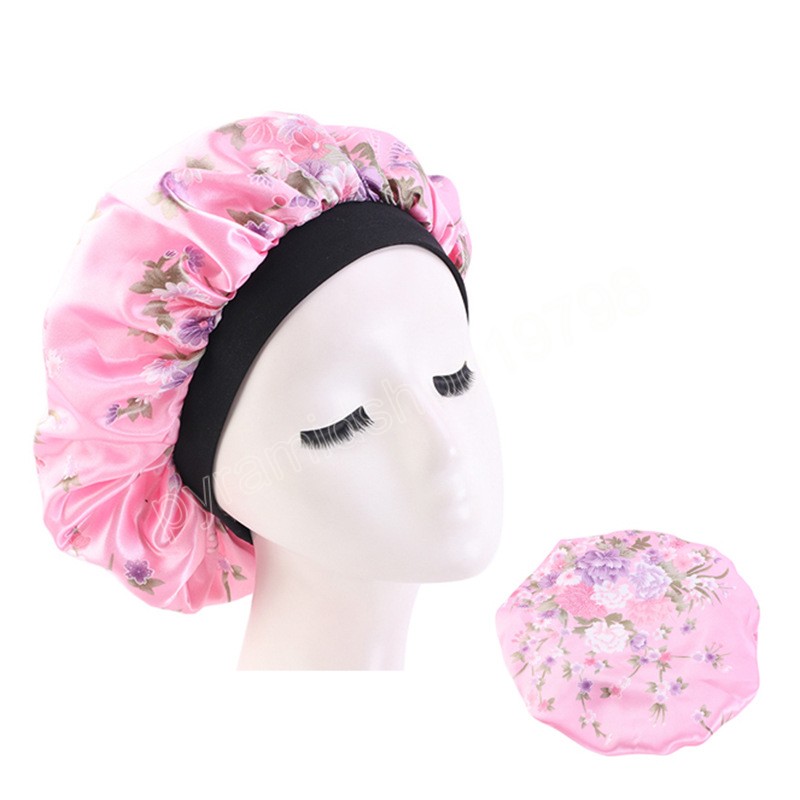 Women Satin Bonnet Printing Elastic Wide Band Night Sleep Hat Ladies Silky Hair Cover Head Wrap Chemo Cap Curly Springy Bonnet