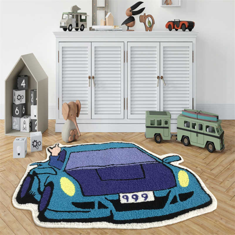 Enthousiasteling Racewagen Vormige Tufting Tapijt Zachte Getufte An-slip Vloermat Sofa Voeten Mat Carort Entree Deurmatten Absorberende Badmat HKD230809