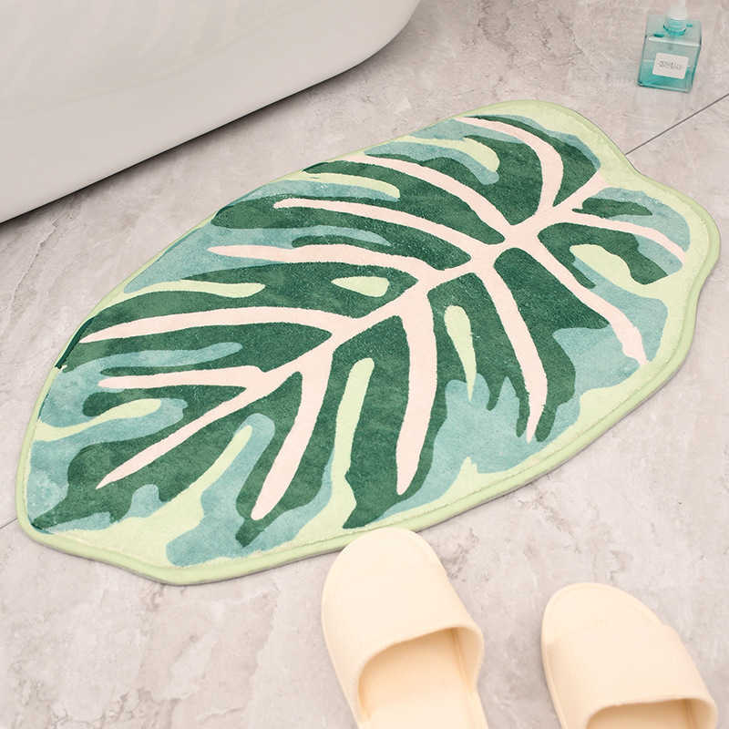 Inyahome Leaves Velveteen Green Bath Mat Non-Slip Soft Banheiro Tapete Luxuoso Microfibra Tapete de Banheiro Lavável na Máquina Porta Carpet HKD230809