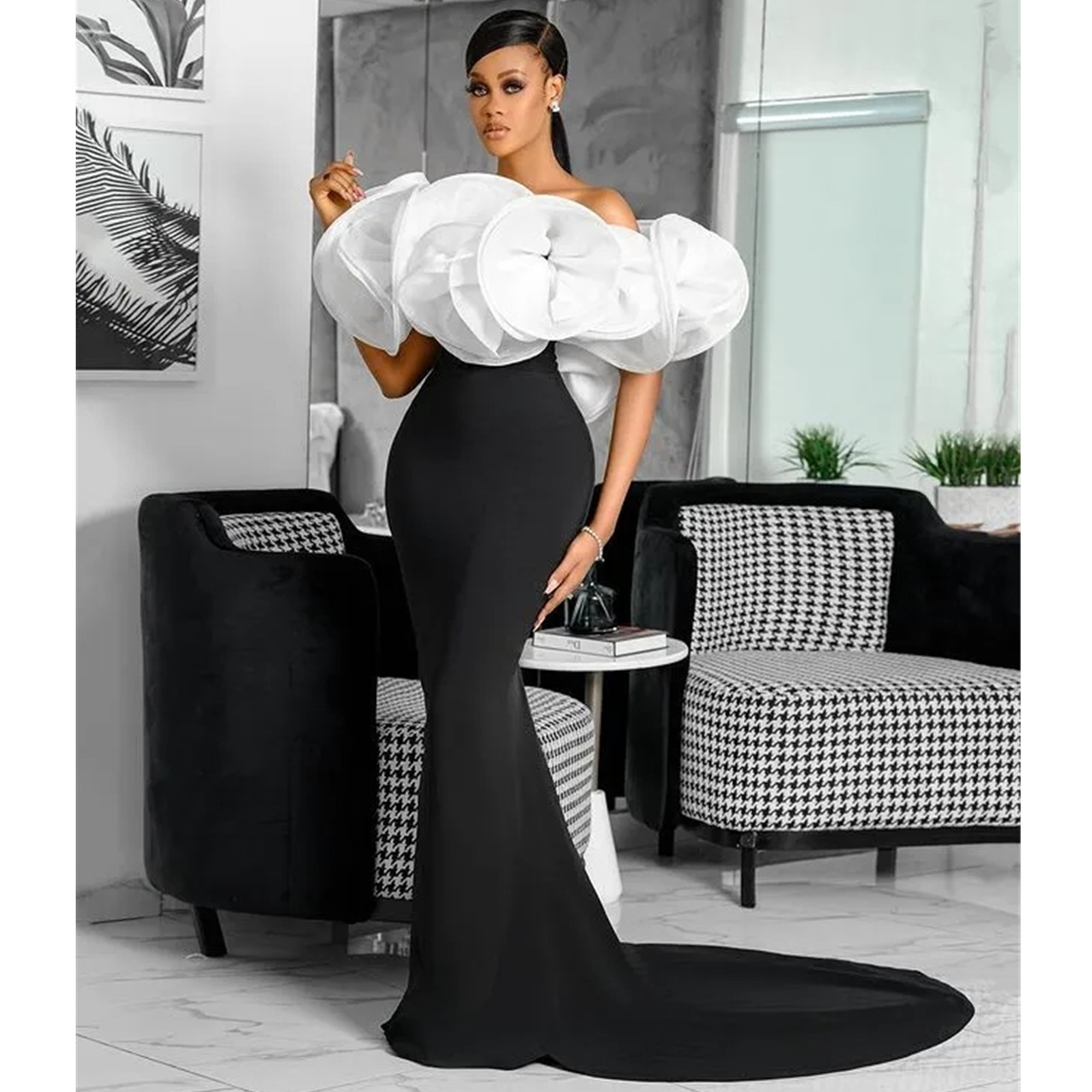 Árabe Aso Ebi Branco Preto Vestidos de Baile Sereia Sem Alças Cetim Noite Festa Formal Elegante Sexy Vestidos de Segunda Recepção