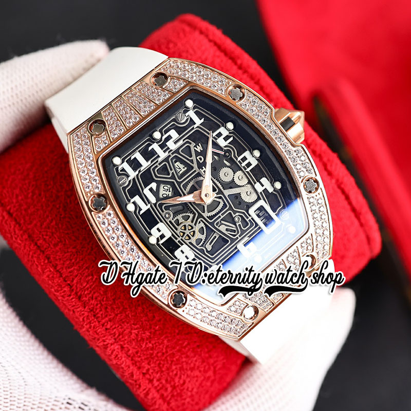 ZYF 67-01 Reloj mecánico automático para hombre Oro rosa Acero Diamantes Estampado Estuche Esqueleto Dial Número Marcadores Correa de caucho blanco eternidad Herrenuhr Reloj Relojes