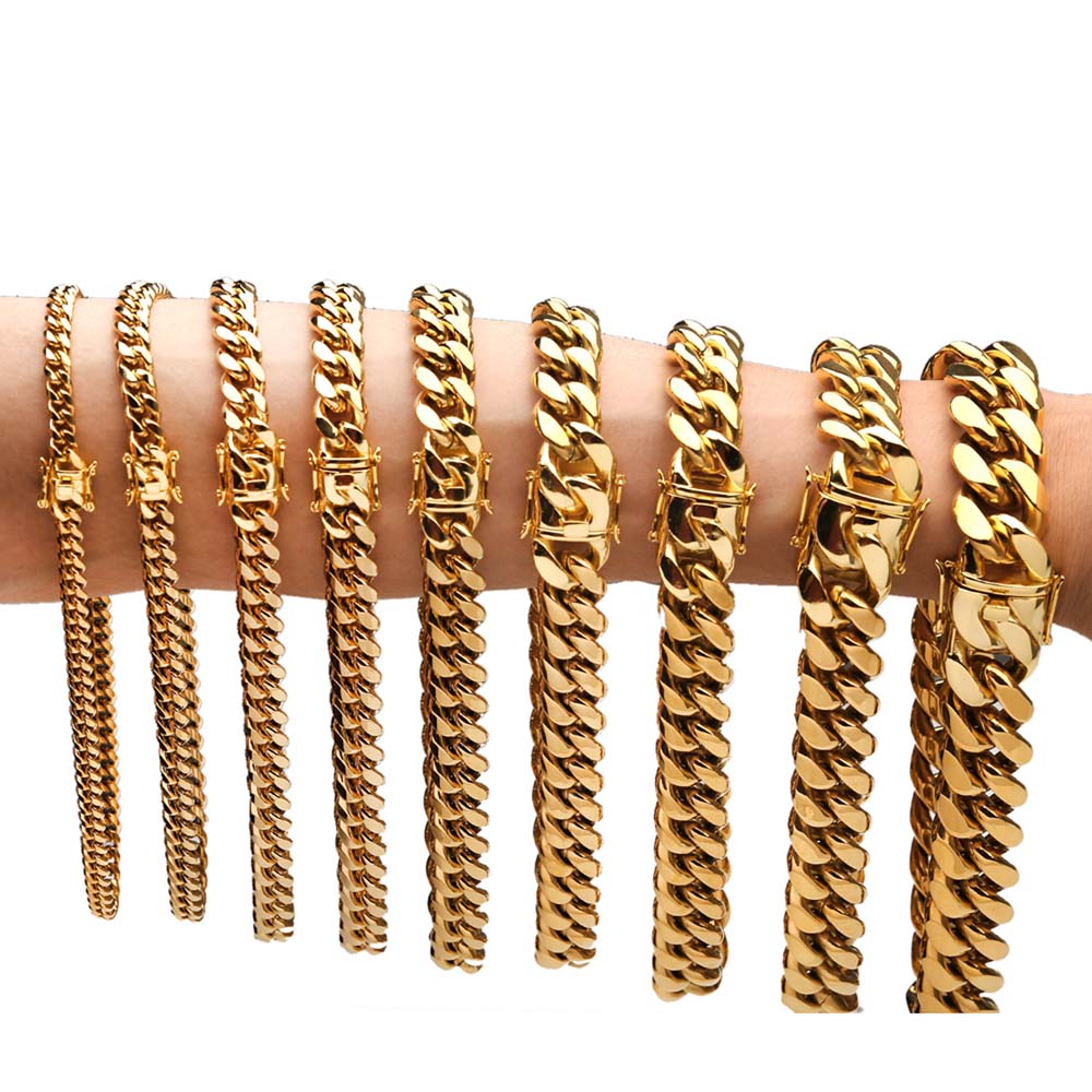 316L Acier Inoxydable Miami Cubain Lien Chaîne Colliers Bracelets Hip Hop Haute Poli Plaqué Or 18K Cast Punk Bijoux Ensembles Chaînes Ras Du Cou Pour Hommes Femmes 6mm-22mm