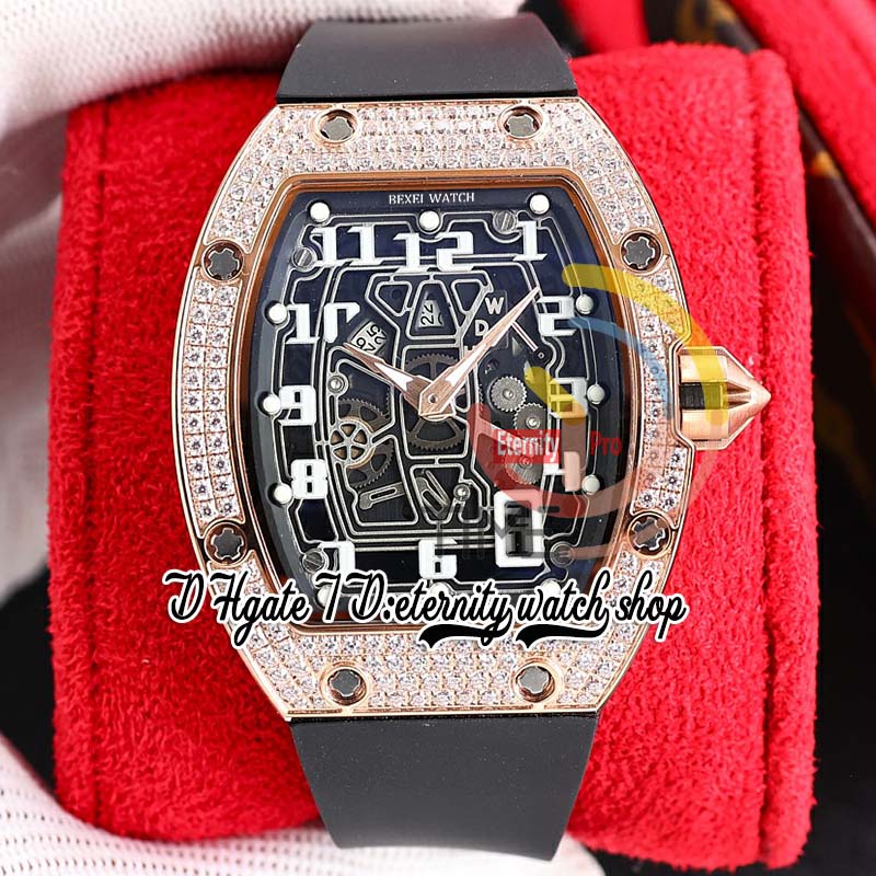 ZYF 67-01 Automatic Mechanical Mens Watch Rose Gold Stainless Paved Diamonds Case Skeleton Dial Number Markers Red Rubber Strap eternity Herrenuhr Reloj Watches