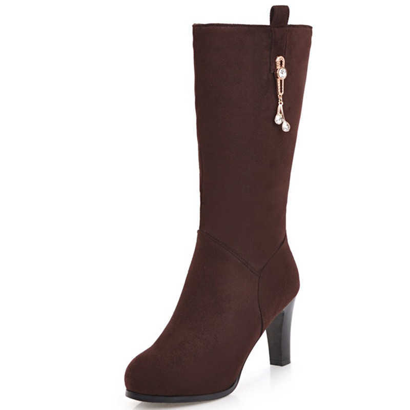 Flock Womens Mid-Calf Boots Fashion Classic High High Heels Boots Женская роскошная хрустальная черная туфли для вечеринок Осенняя зимняя обувь L230704