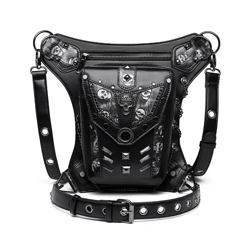 2023 Ny väska kvinnliga europeiska punk plånböcker och handväskor Skull Motorcykel Lady Single Shoulder Crossbody Fanny Pack Man