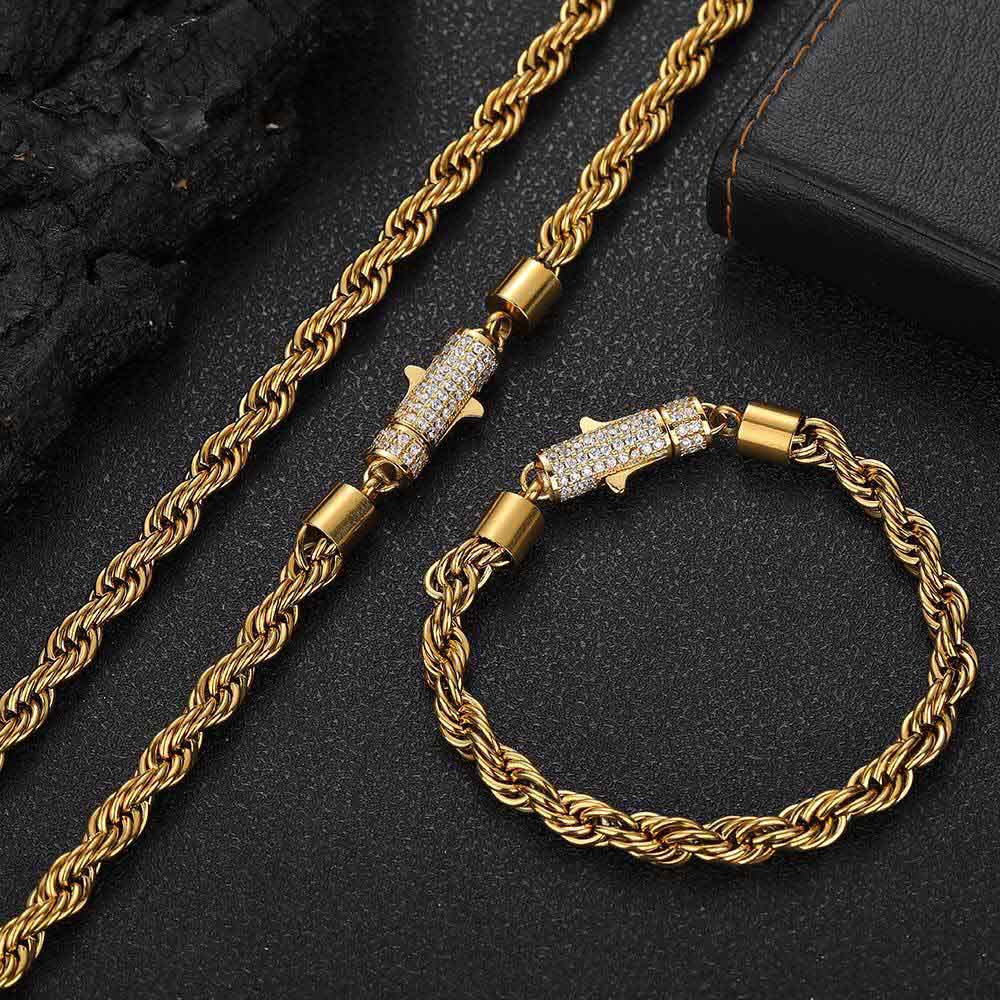 6 mm Schmucksets, gedrehte Kette, Hip-Hop-Seilketten für Männer und Frauen, trendige Halsband-Halsketten-Armbänder, 316L-Edelstahl, Moissanit-Karabinerhaken, 18 Karat vergoldet