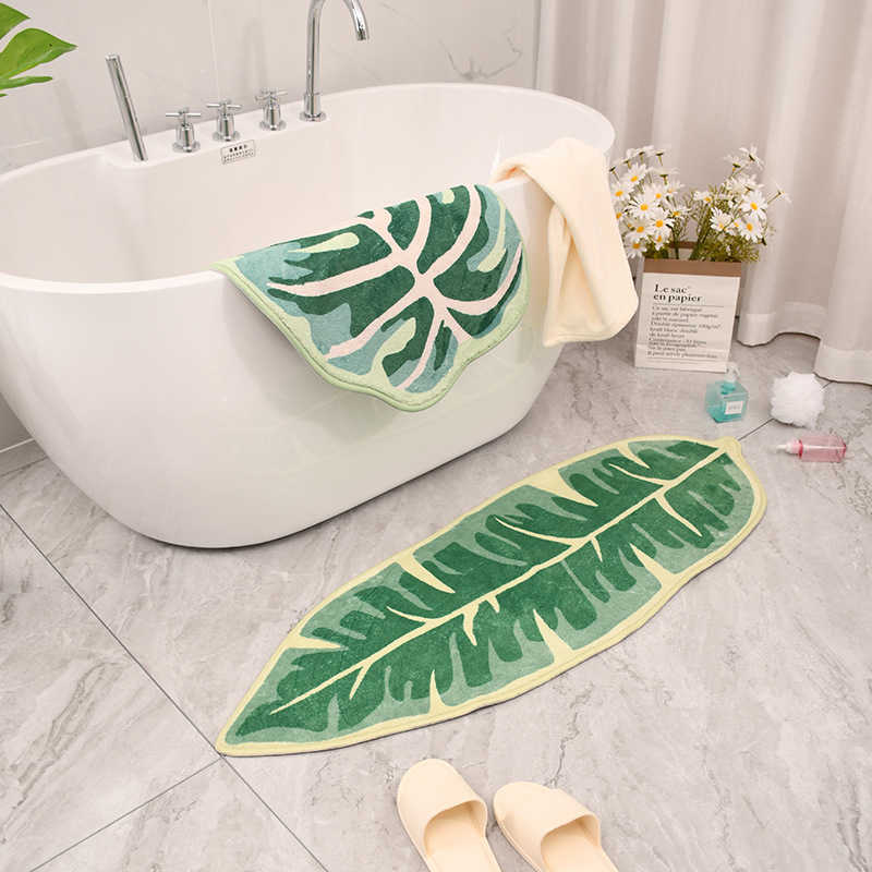 Inyahome Leaves Velveteen Green Bath Mat Non-Slip Soft Banheiro Tapete Luxuoso Microfibra Tapete de Banheiro Lavável na Máquina Porta Carpet HKD230809