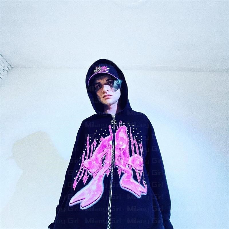 Y2k europeiska och amerikanska herrkläder emo streetwear plus size hoodie vintage blixtlås tröja grunge pullover tecknad mönster gotisk jacka casual hoodie