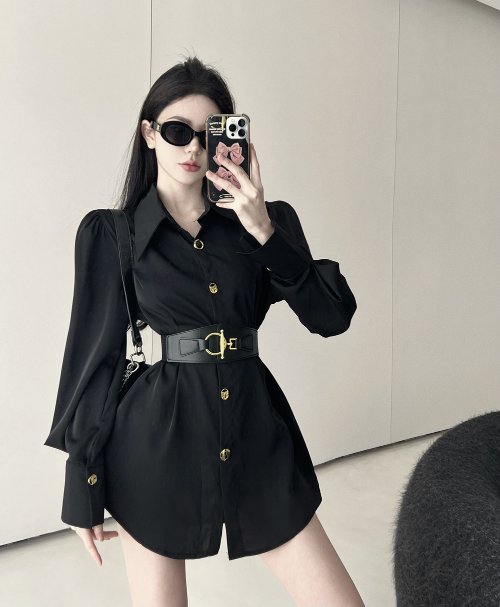 New design women's cool black color turn down collar long sleeve with belt blouse shirt ML