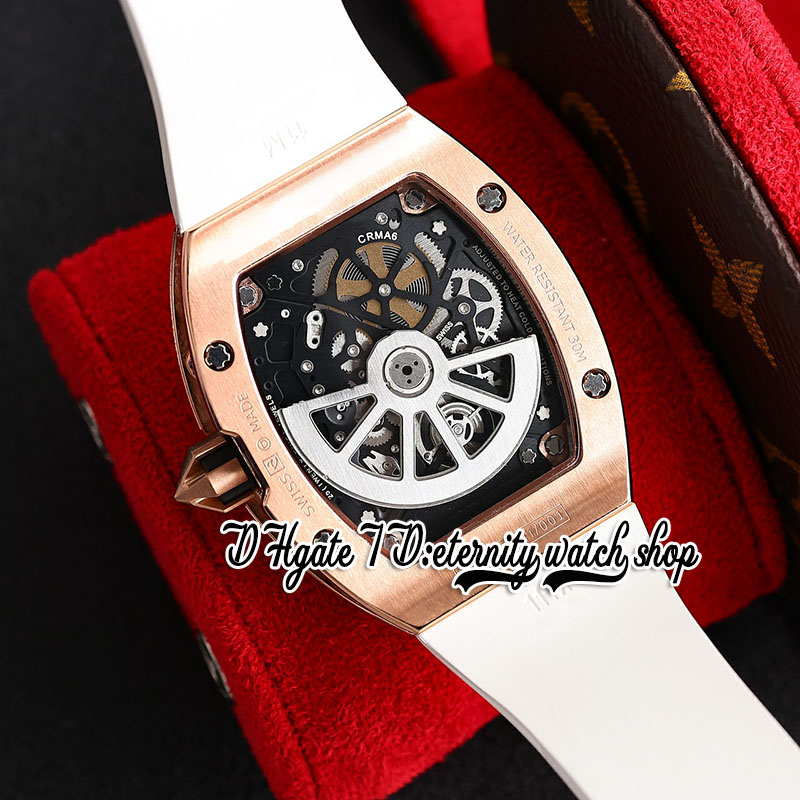 ZYF 67-01 Automatic Mechanical Mens Watch Rose Gold Steel Diamonds Patterned Case Skeleton Dial Number Markers White Rubber Strap eternity Herrenuhr Reloj Watches