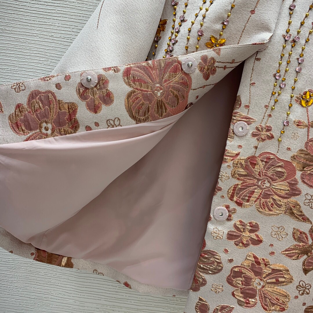 Gabardina Jacquard con cuentas y estampado Floral rosa de otoño 2023, gabardina de manga larga 4/5 con cuello redondo y diamantes de imitación, prendas de vestir largas clásicas B3G082338