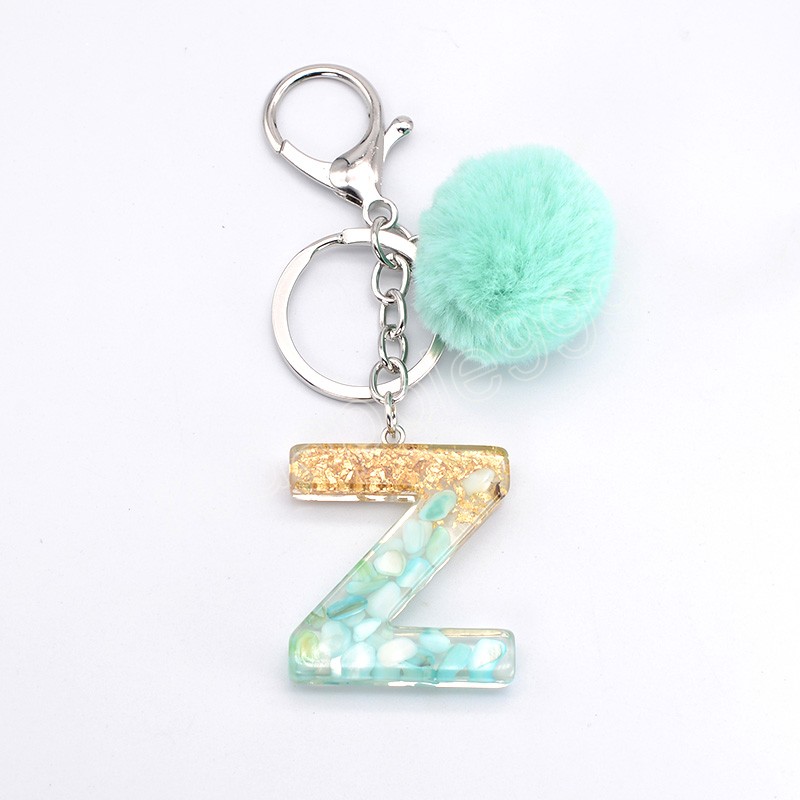 Blå pompom bokstäver nyckelring mode ord nyckelning med puffer boll glitter gradient färg harts hantverk handväska charms hänge