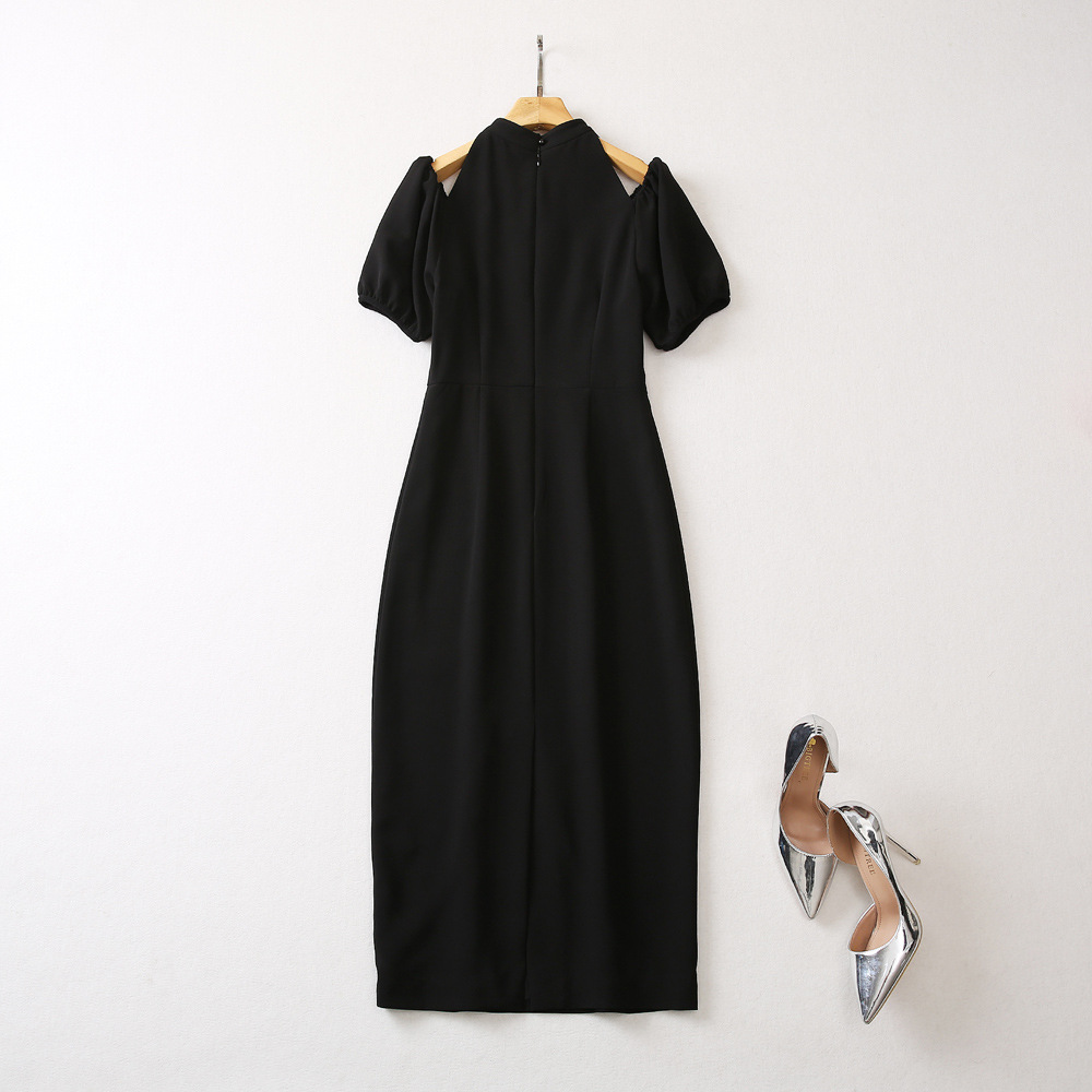 2023 Summer Black Contrast Color EmbroideryDress Short Sleeve Round Neck Buttons Midi Casual Dresses A3Q102218