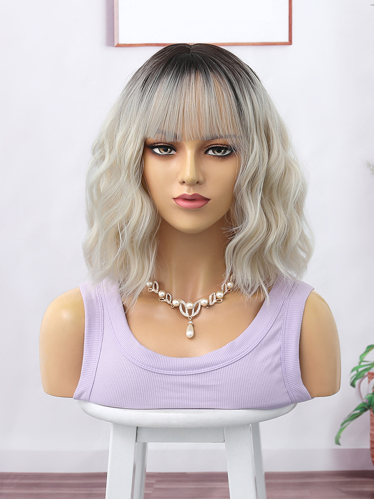 Ombre Blonde kurze Bob-Synthetik-Perücke für Frauen mit Pony, Weißgold, gewellt, Cosplay, Lolita, natürliches hitzebeständiges Haar