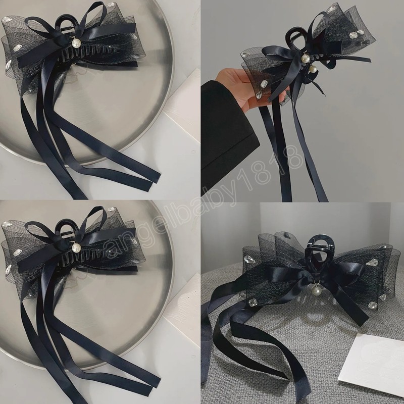 Coreano Dolce Maglia Nappe di Tulle Grande Fiocco Artiglio Dei Capelli Pinze Le Donne Nero Bowknot Coda di Cavallo Clip Morsetto Copricapo Accessori