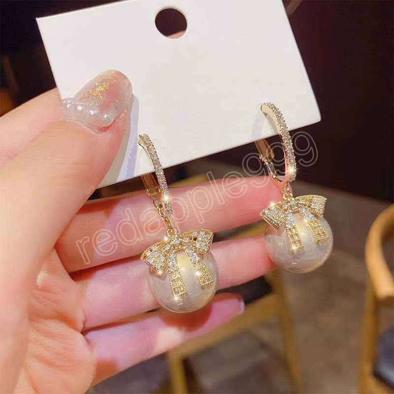 New Pearl Beaded Bow Earrings Creative Luxury Crystal Zirconia Gold Color Women's Earrings Fashion Jewelry Party Gifts