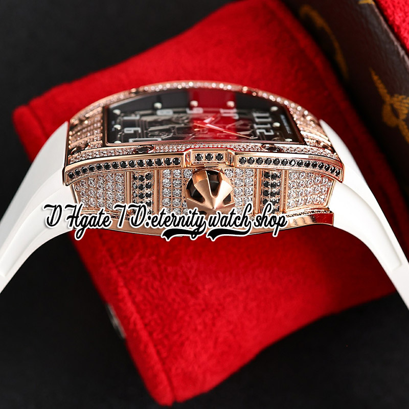ZYF 67-01 Automatic Mechanical Mens Watch Rose Gold Stainless Paved Diamonds Case Skeleton Dial Number Markers Red Rubber Strap eternity Herrenuhr Reloj Watches