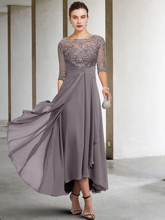 Fall Grey Chiffon En linje Mor till brudklänningarna Eleganta spetsapplikationer Beaded Women Formal Party med 3/4 långa ärmar Ankellängd Bröllop Gästklänning CL2692