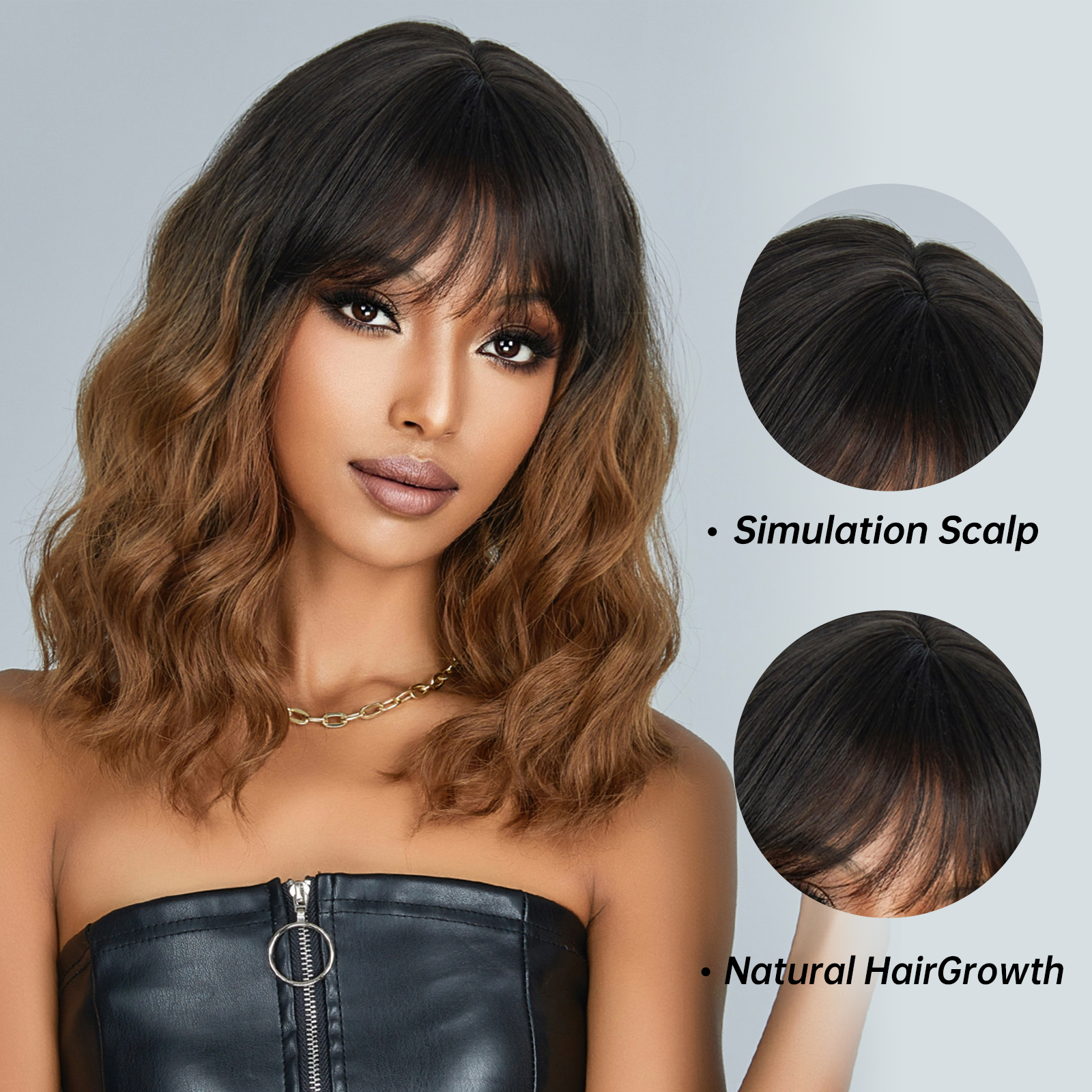 Middle Length Ombre Brown Synthetic Wigs with Bangs Short Brown Curly Wave Wig for Women Natural Daily Hair Heat Resistant Fiber