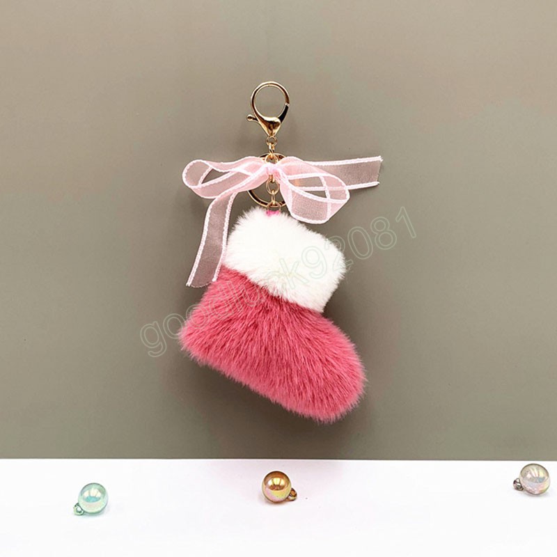 Lace Bow-Knot Christmas Boots Shape Ball Keychain Women Girl Elegant Cute Pompom Faux Fur Key Chain Bag Charms Keyring Party Gift