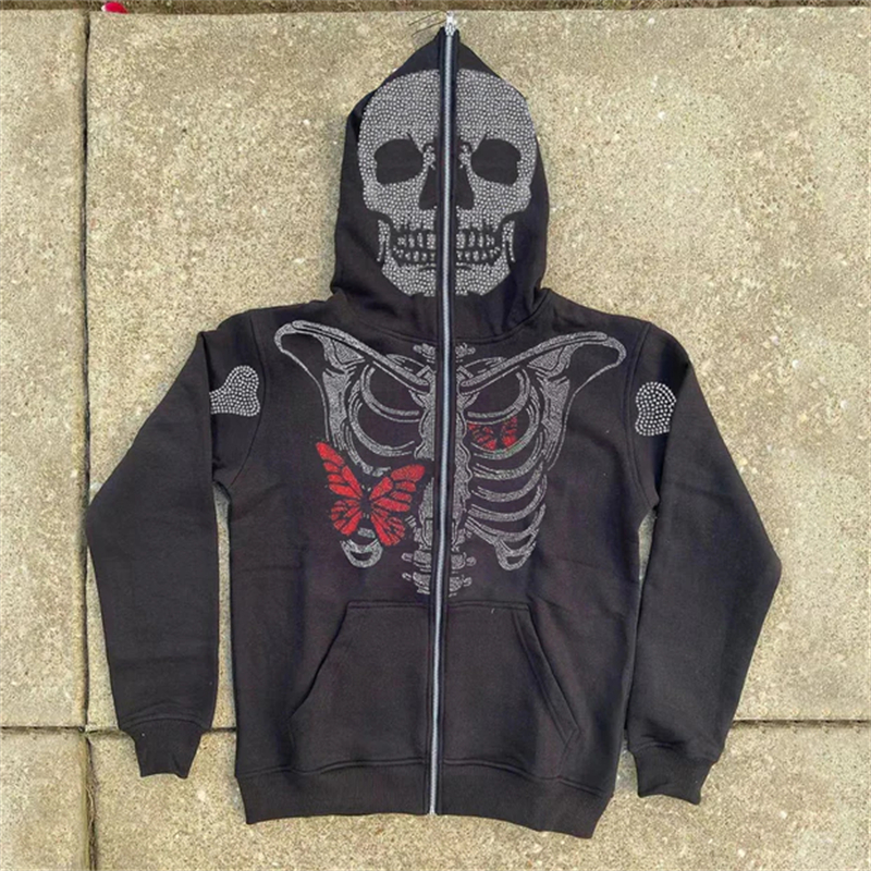 EMO European and American Fashion Hoodie Cool Rhinestone Butterfly Skeleton Printed Unisex Sweatshirt Zip up Hoodie Y2K Men's Vintage Hooded Top