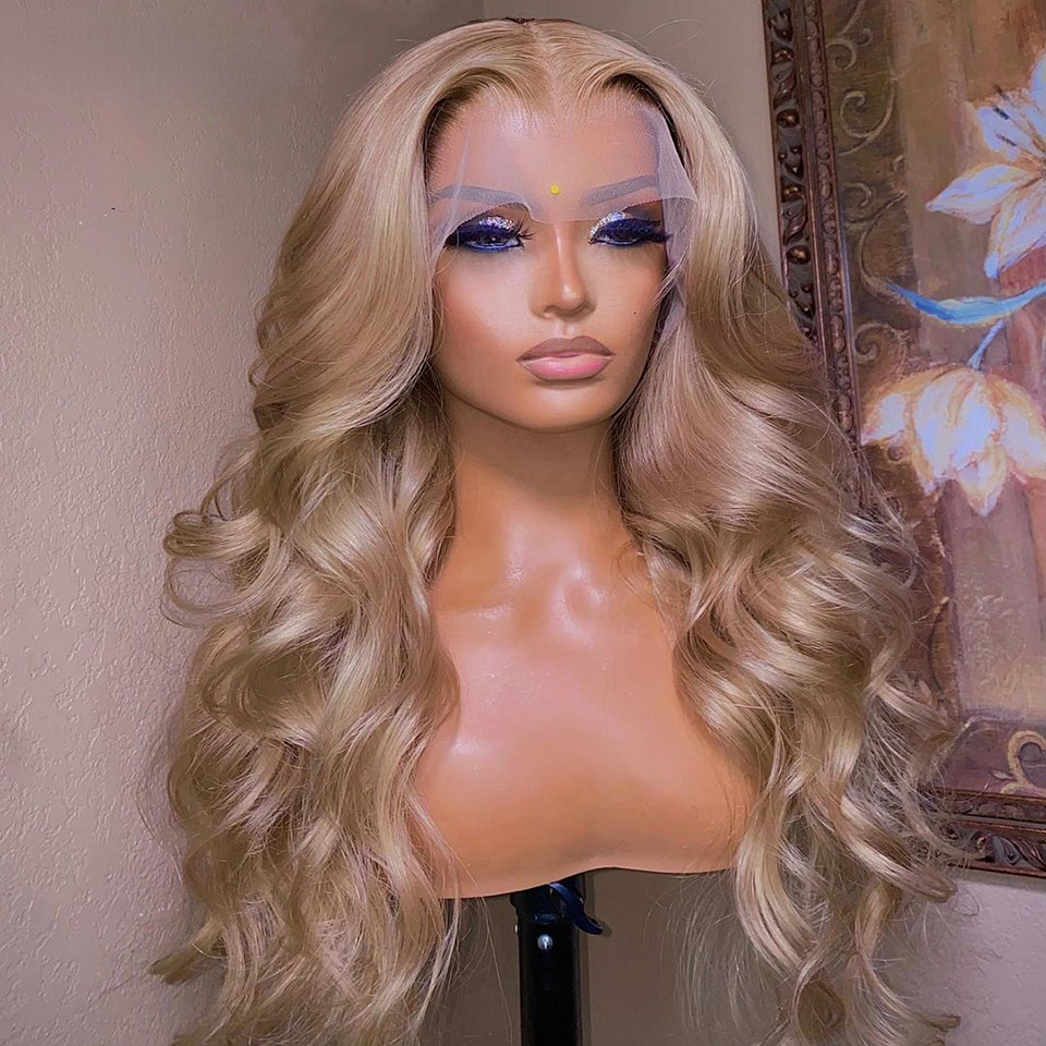 Peluca Frontal de cabello rubio peruano prearrancado 13X4 peluca con malla Frontal transparente Barbie Honey Blonde Body Wave peluca sintética para mujeres