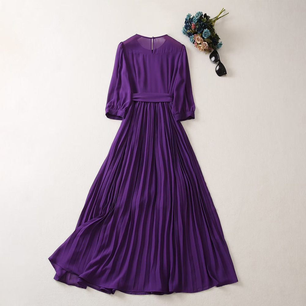 2023 Summer PurpleSolid Color EmbroideryDress 3/4 Sleeve Round Neck Panelled Midi Casual Dresses A3Q102217