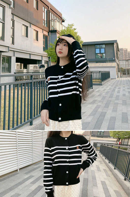 Basic Casual Dresses designer CE Home 2022 Early Spring New Leather Label Black and White Stripe Wool Cardigan Short Sweater Coat VRQC