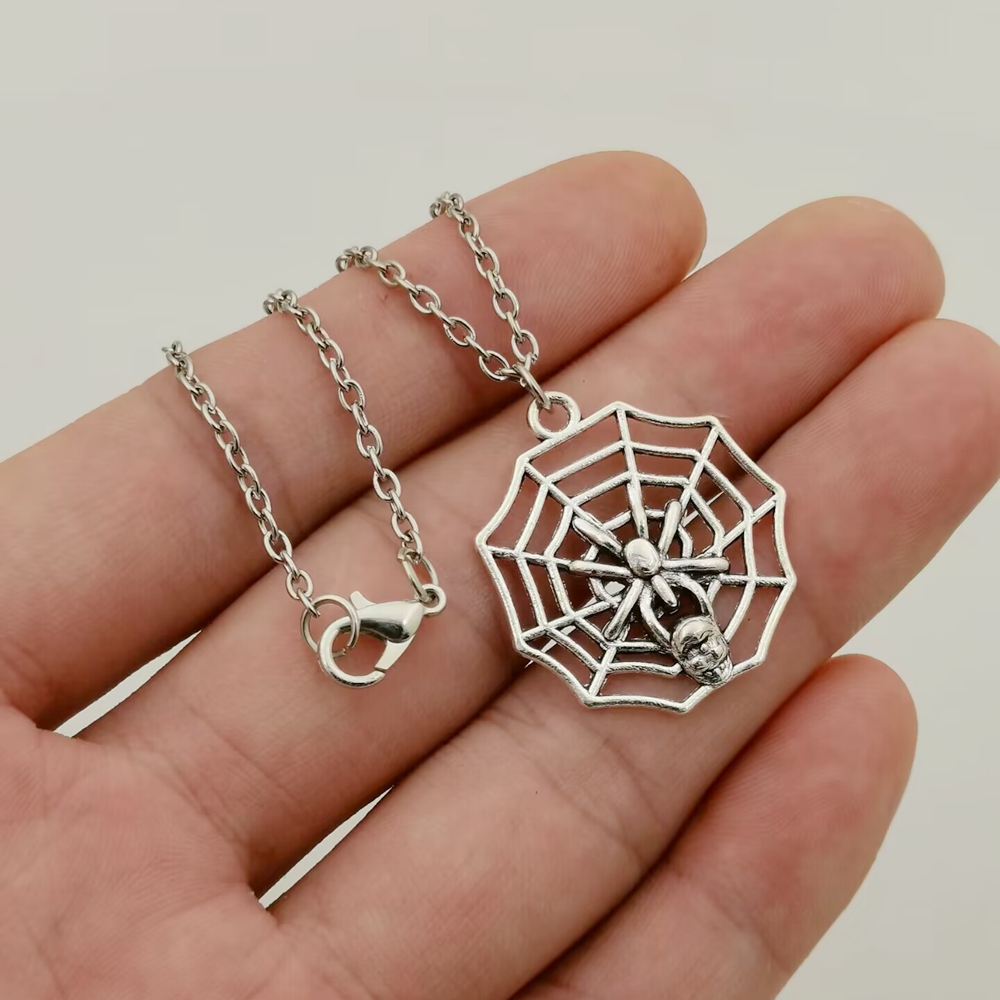 Halloween Antique Silver Spider Web Pendant Necklace for Men smycken Gift T-012