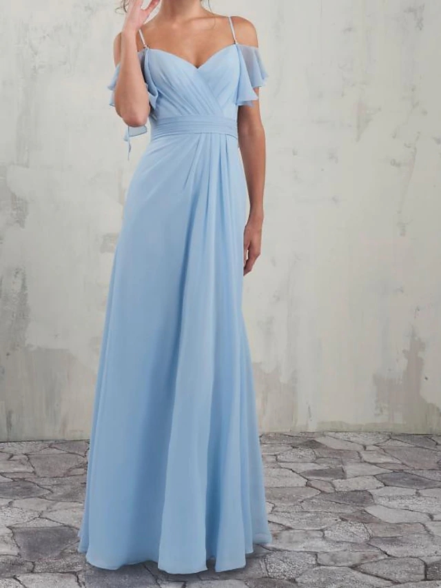 Light Sky Blue Flow Szyfon A Linia Druhna Sukienki Długa spaghetti strpas plisowane boho plażowe przyjęcie gościnne suknie gościowe podłogę Długość Maid of Honor Dress Cl2691