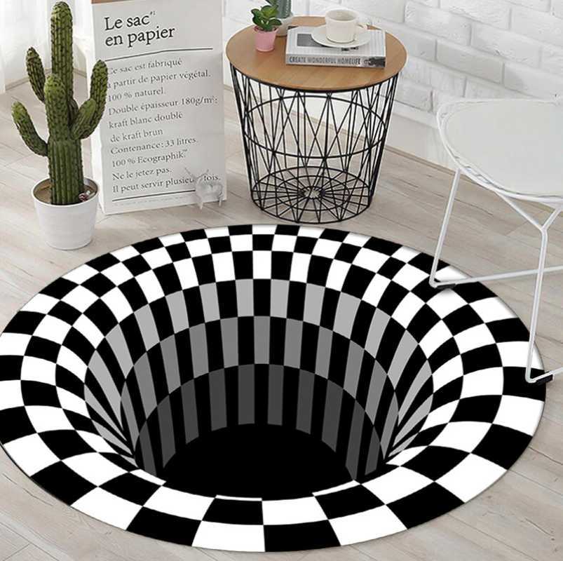 黒と白の3次元の丸いカーペットリビングルームコーヒーテーブルソファーカーペット3DイリュージョンカーペットラグベッドルームHKD230809