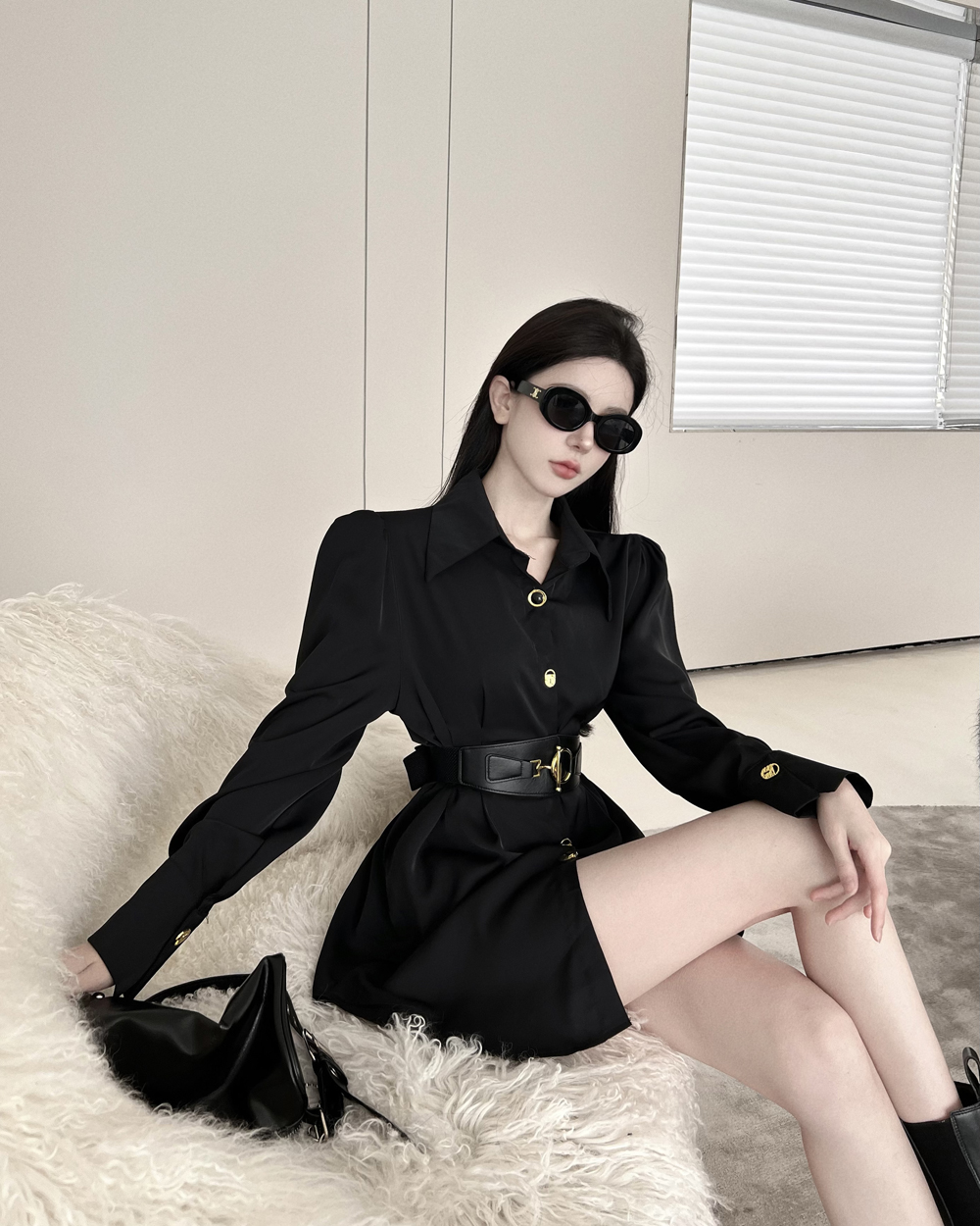 New design women's cool black color turn down collar long sleeve with belt blouse shirt ML