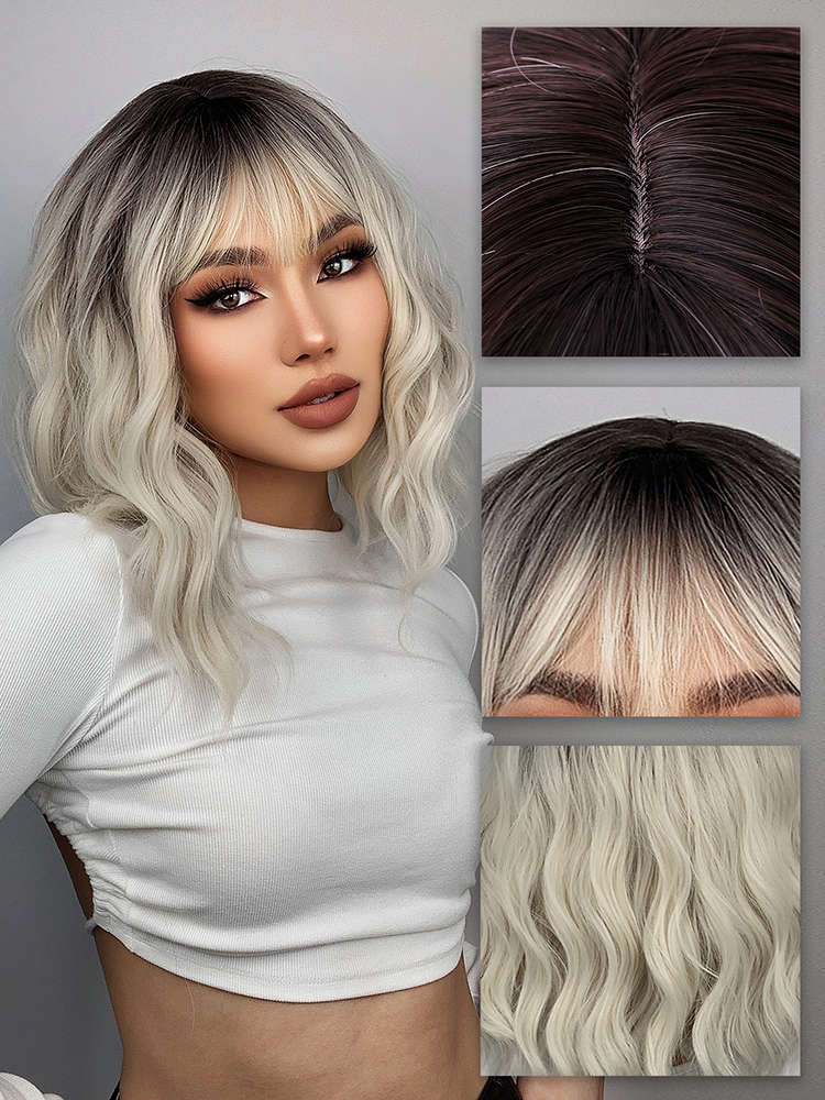 Ombre Blonde kurze Bob-Synthetik-Perücke für Frauen mit Pony, Weißgold, gewellt, Cosplay, Lolita, natürliches hitzebeständiges Haar